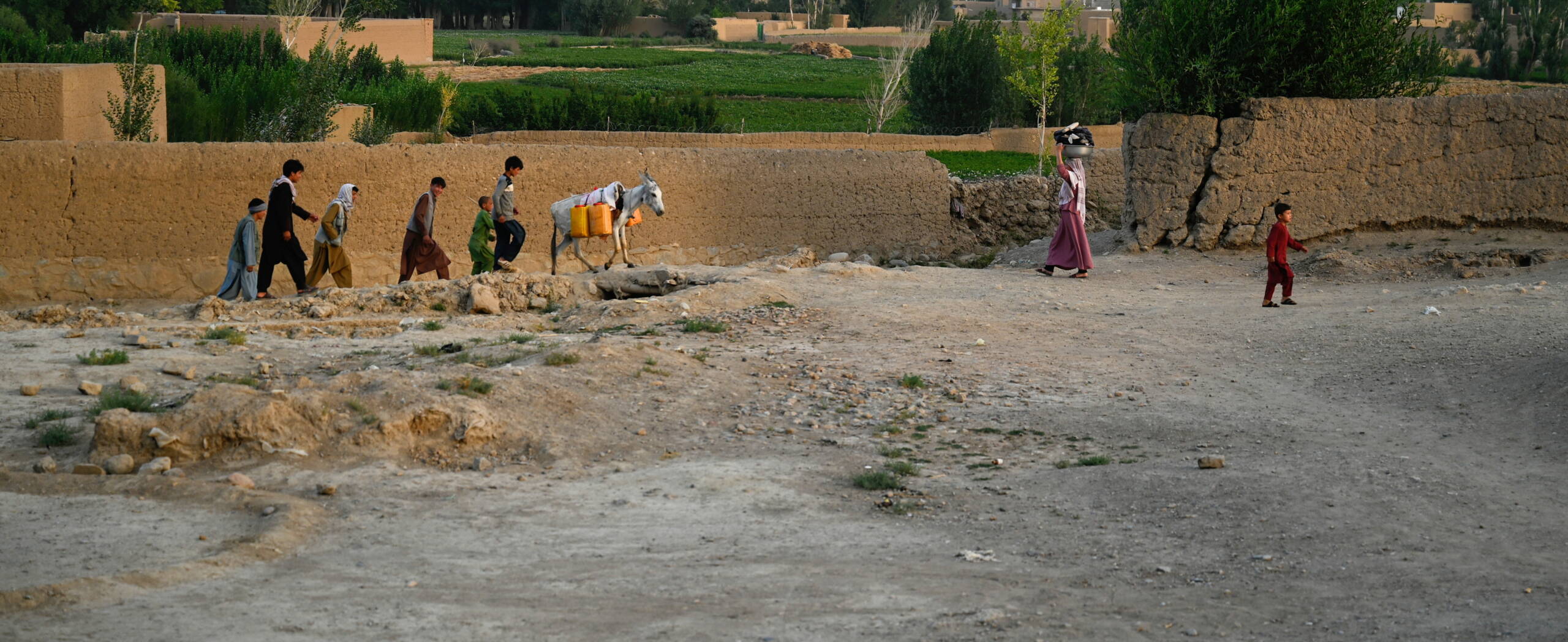 Menschen auf einer Strasse, Esel, eine Frau trägt ein Gefäss auf dem Kopf.