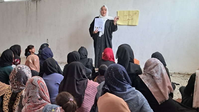 WHSA Eine Frau steht vor einer Gruppe sitzender Frauen und erklärt etwas.