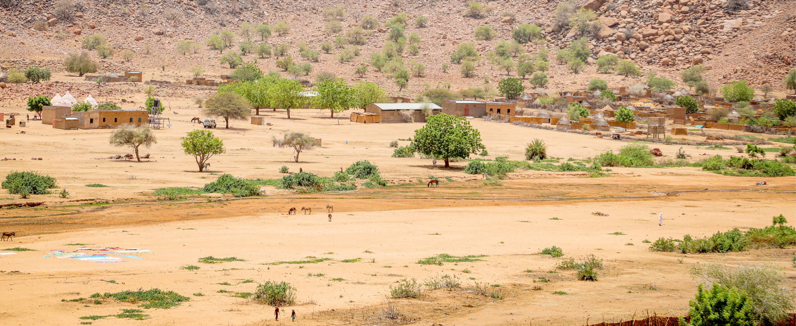 Landschaft im Tschad: Viel Sand, etwas Bäume, einfache Häuser.