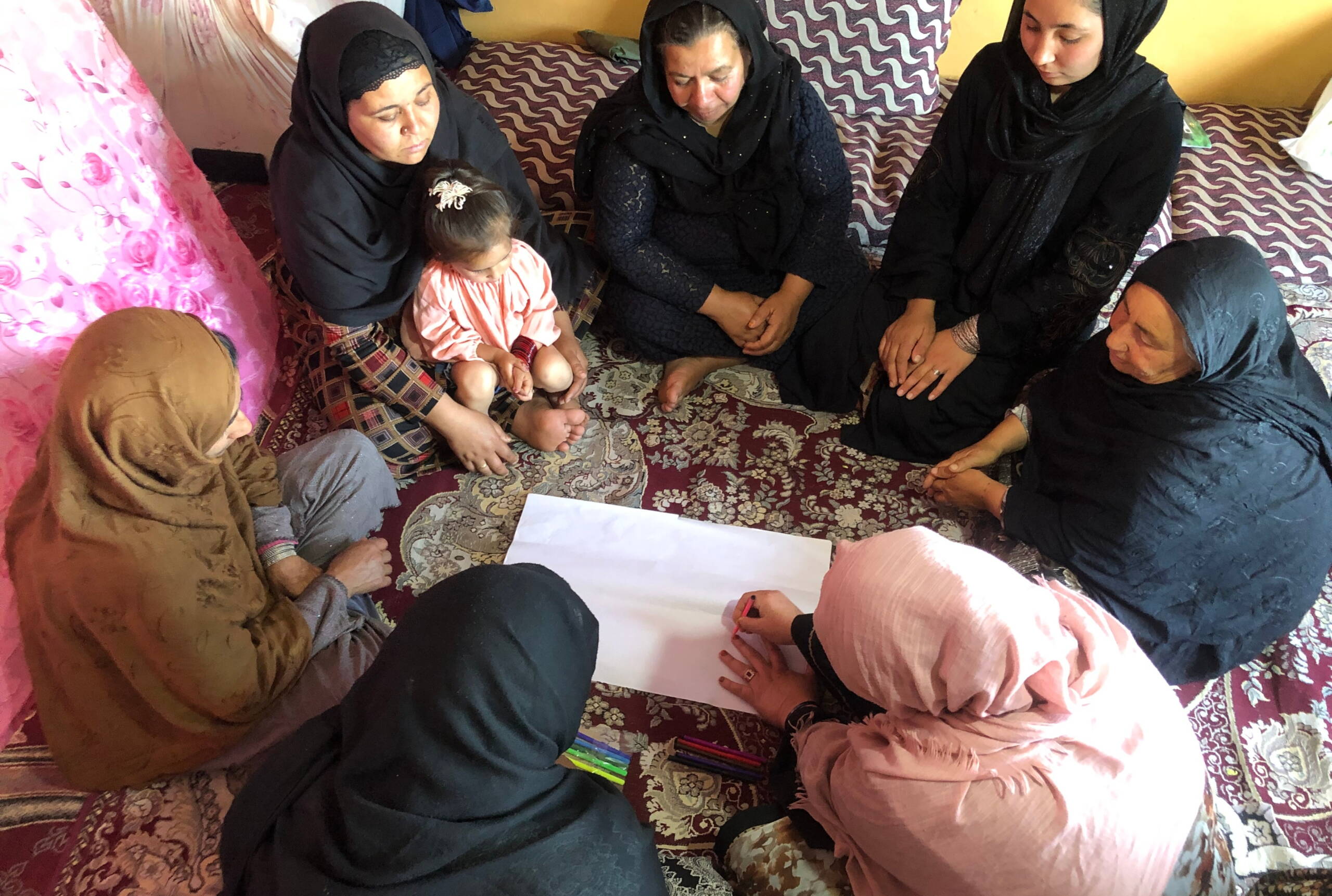 Blick von oben auf Frauen, die im Kreis sitzen und etwas diskutieren. Eine Frau zeichnet etwas auf ein Blatt.